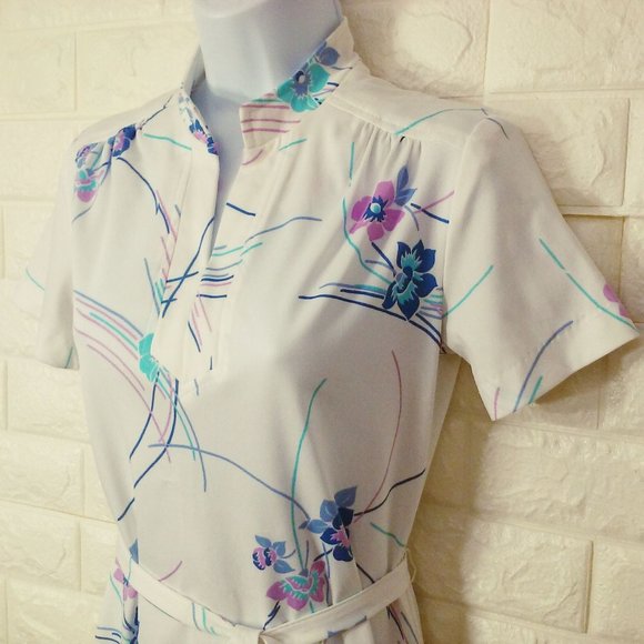 Vintage 70s Floral Sheath Day Dress -S(6) A-Line Dbl-Knit Polyester Belt Zip - Picture 5 of 10